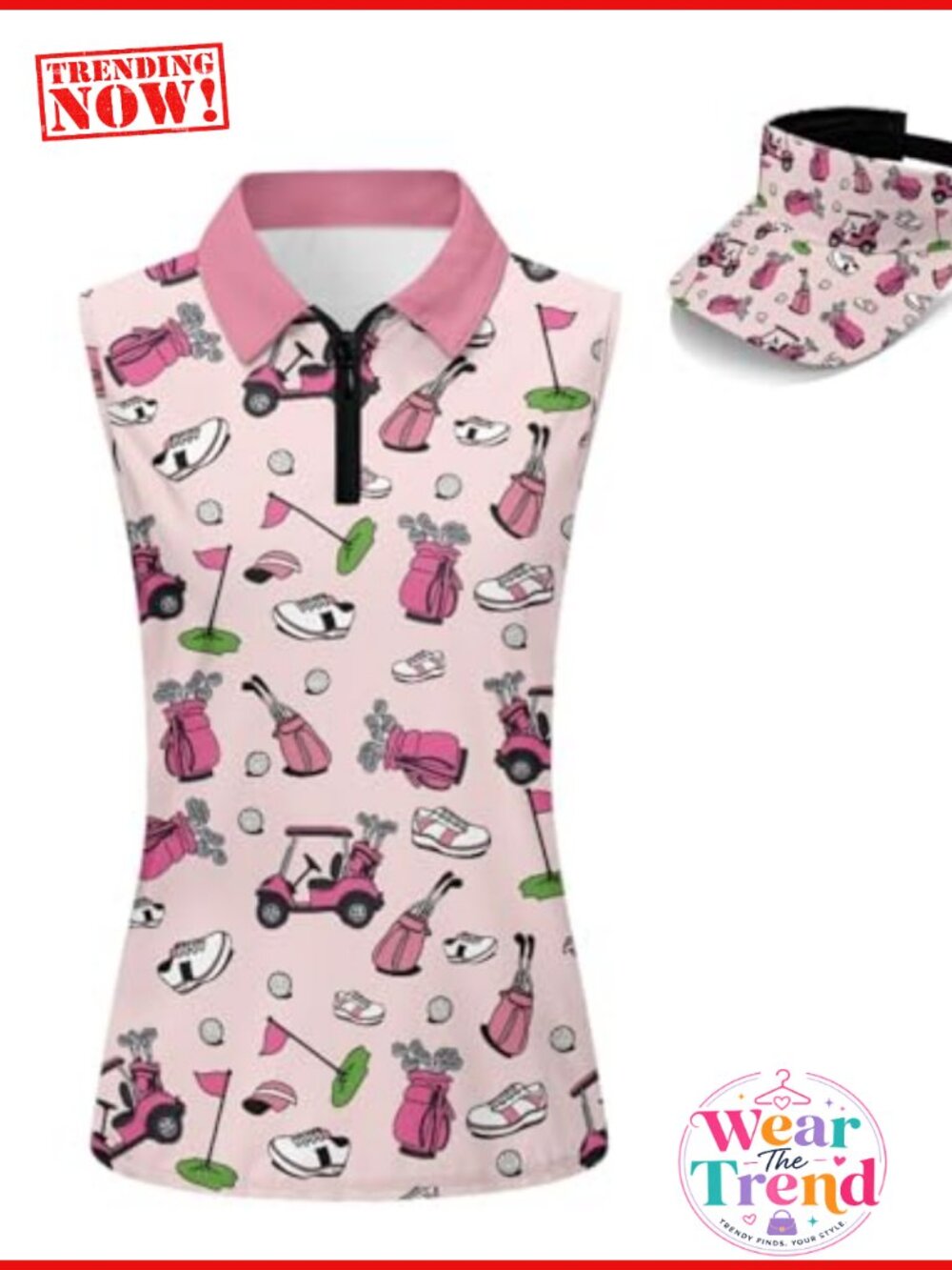 Sleeveless Golf Shirt & Visor Set 2 Piece Zip Up Racerback Tank Top